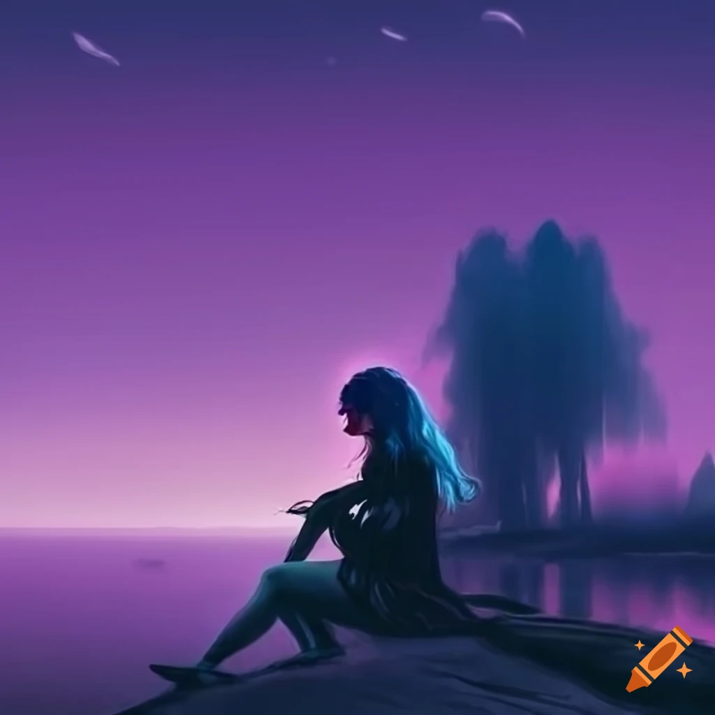 girl with blue hair in a foggy purple sky landscape
