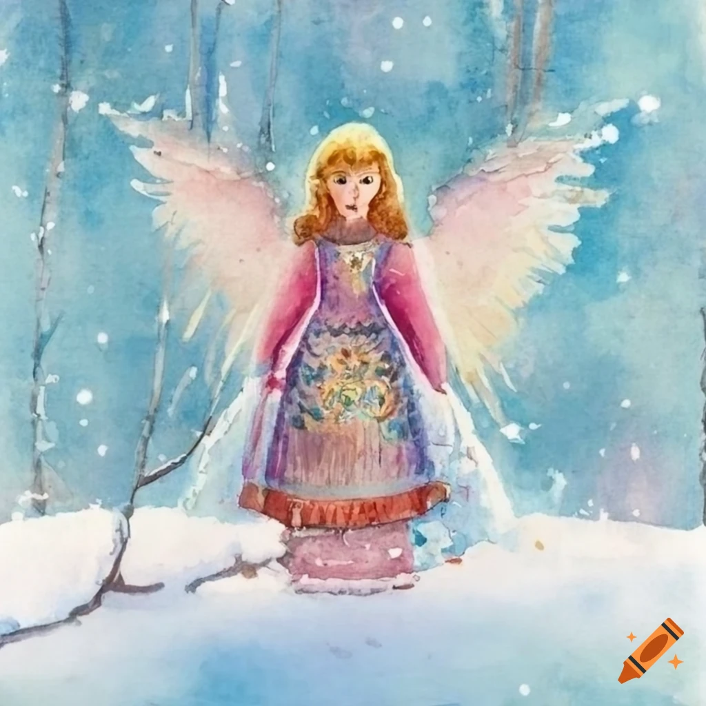 Watercolor christmas card with russian angel in winter forest on Craiyon