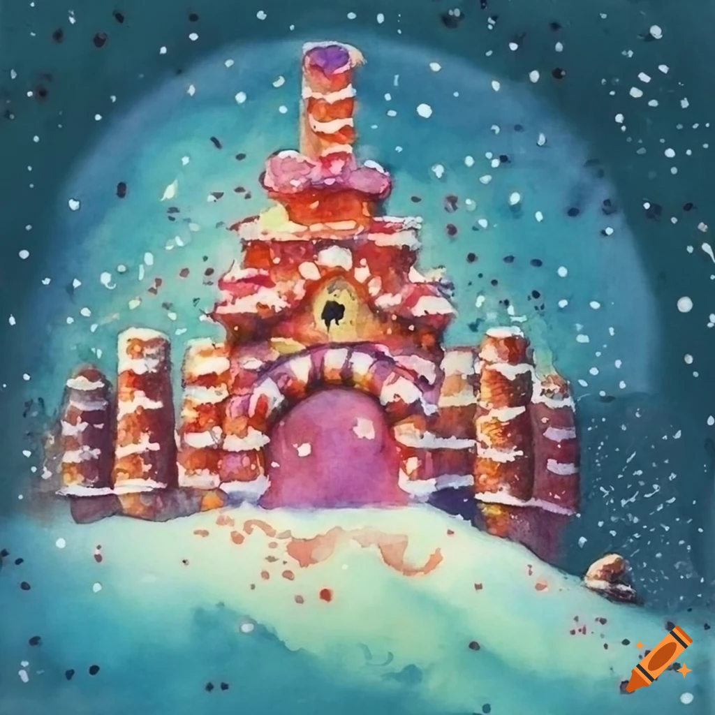 Watercolor candyland gumdrop castle christmas card