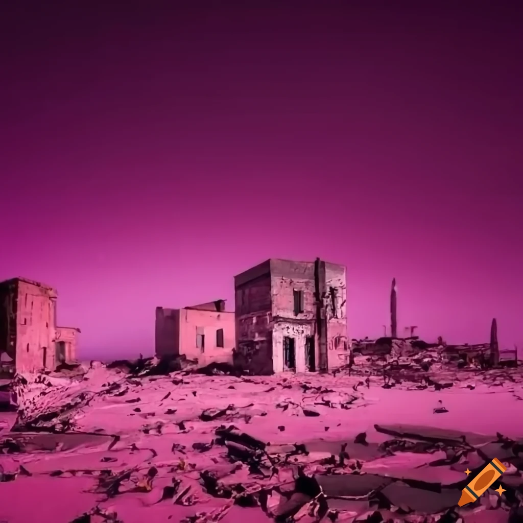 Pink wasteland with abandoned buildings