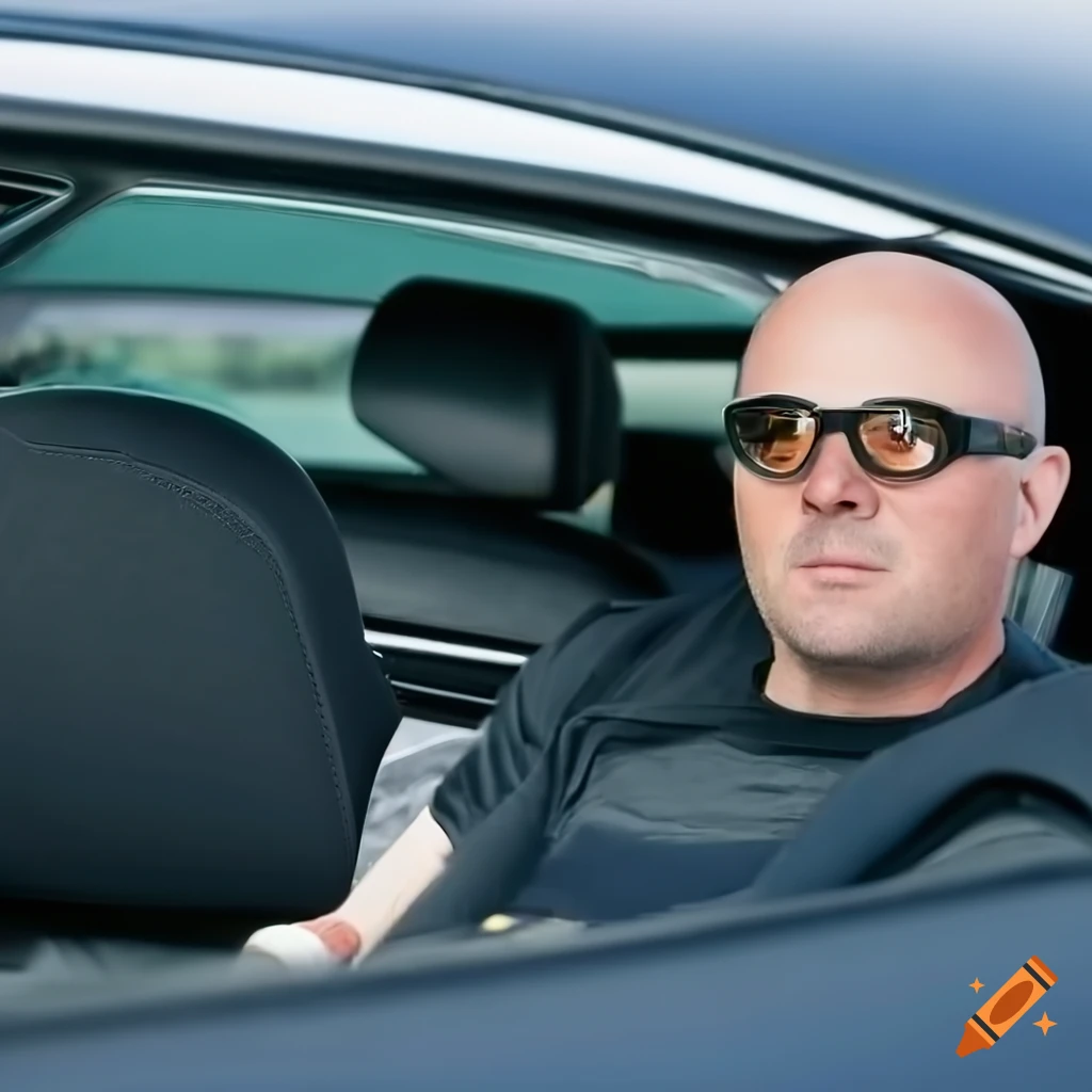 Photo of a bald man driving a black alfa 147 car on Craiyon