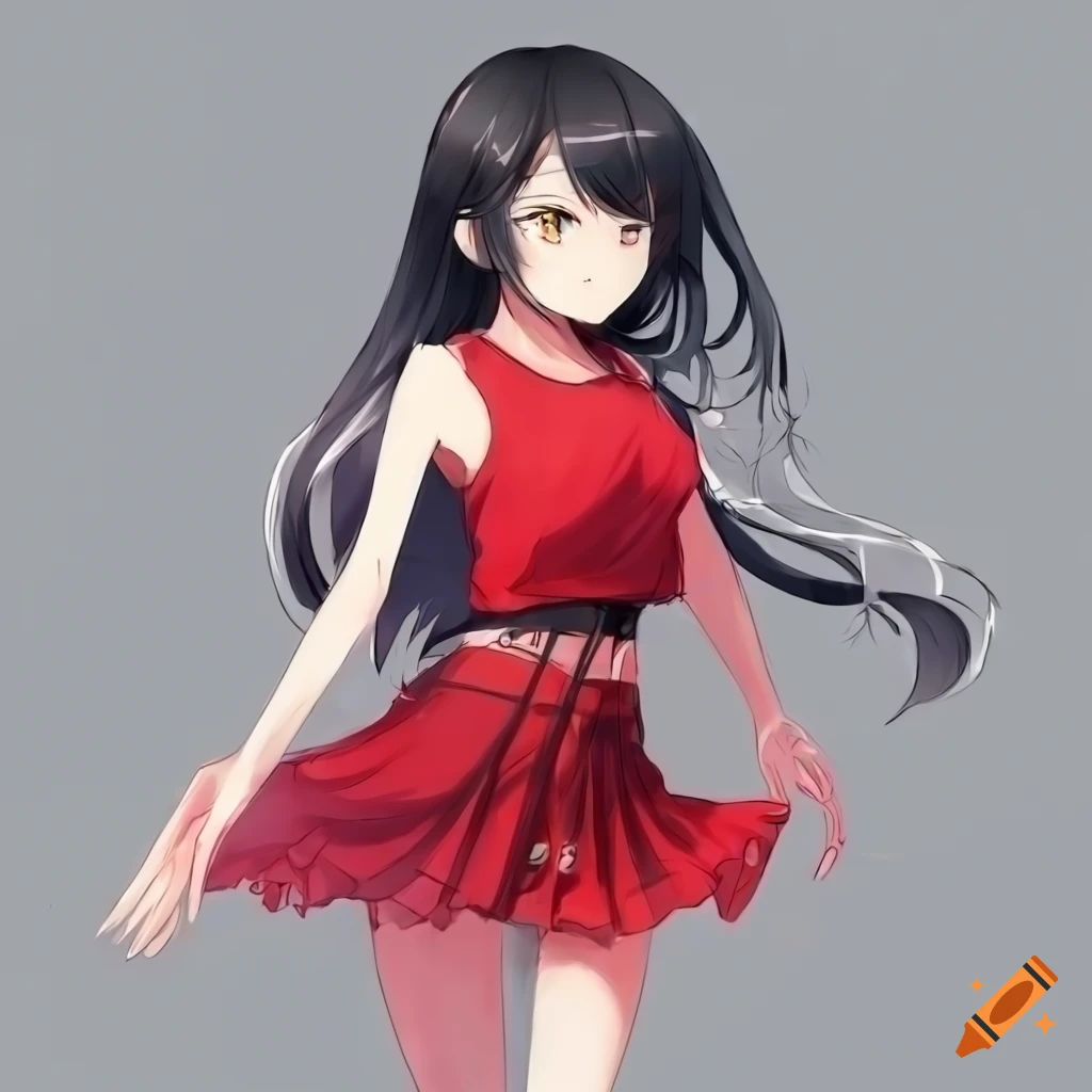 anime girl with long black hair and red outfit