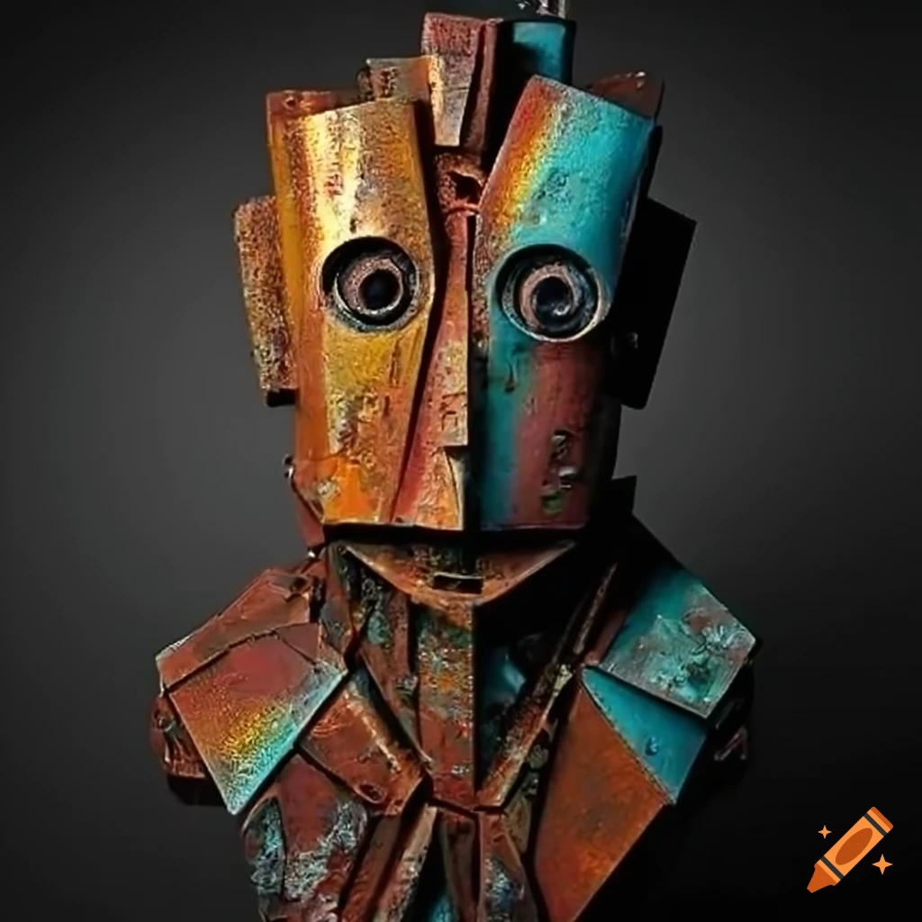 sculpture of colorful robot figures made from recycled materials
