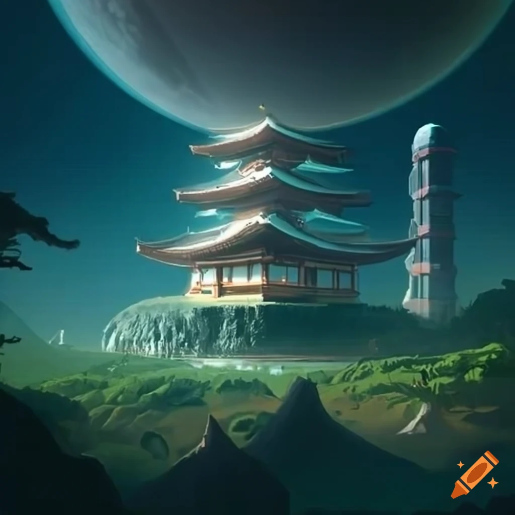 Japanese sci-fi jungle planet with traditional buildings