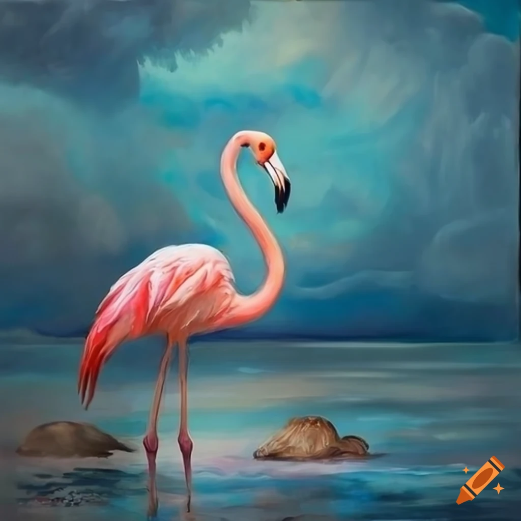 Painting of a blue flamingo with ocean backdrop on Craiyon