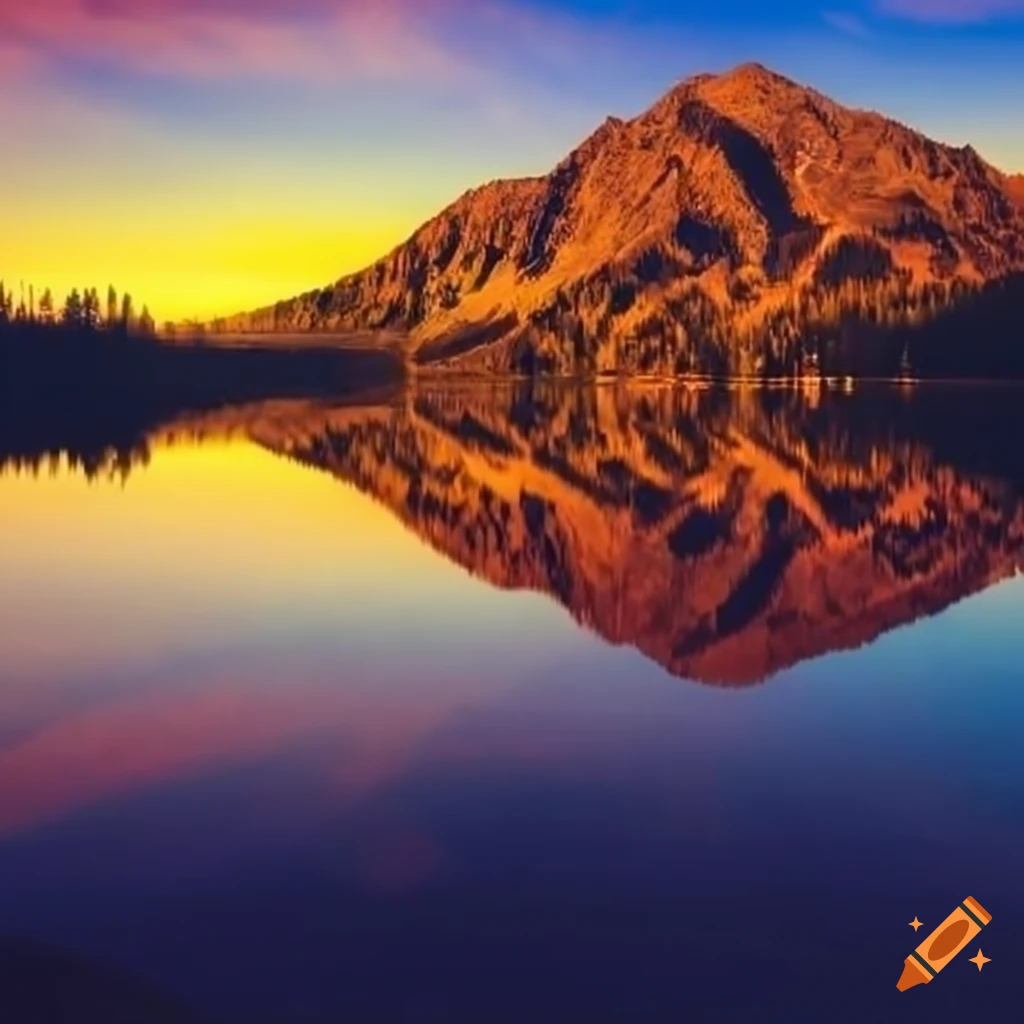 Mountain reflecting in lake at sunset on Craiyon