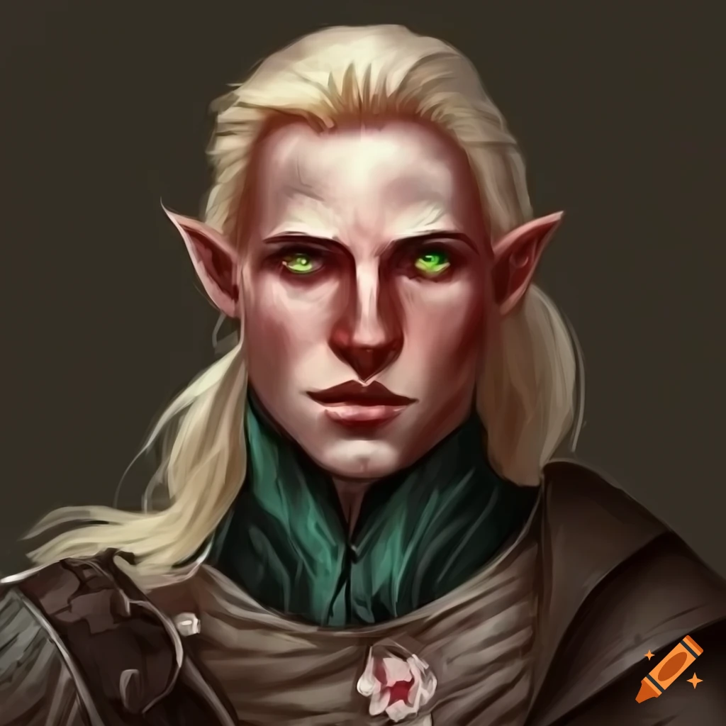 Illustration of a male elf rogue with blonde hair and green eyes on Craiyon