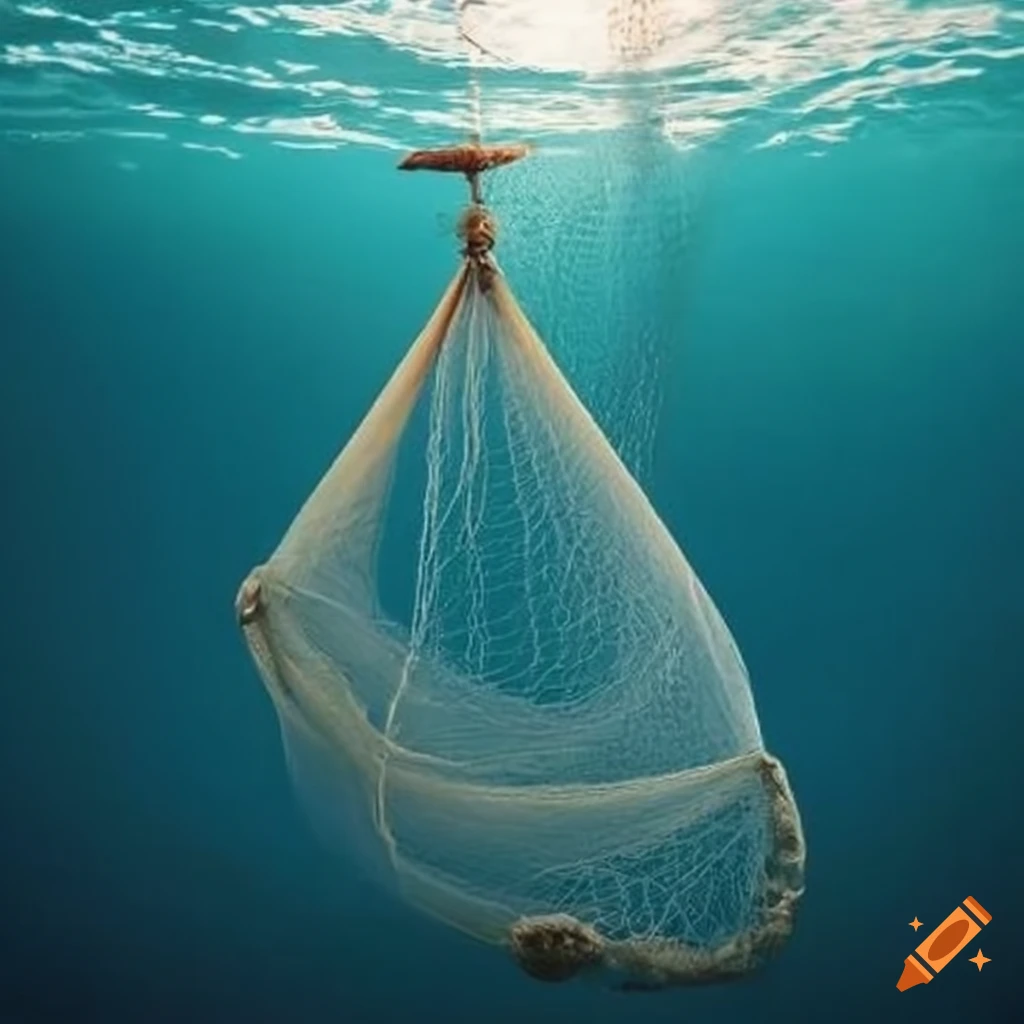 Underwater view of a fishing net in the open sea on Craiyon