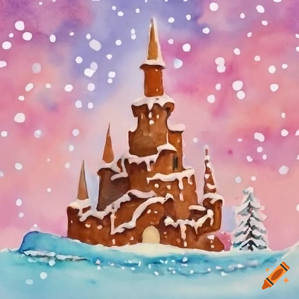 watercolor Christmas card with gingerbread castle in candyland