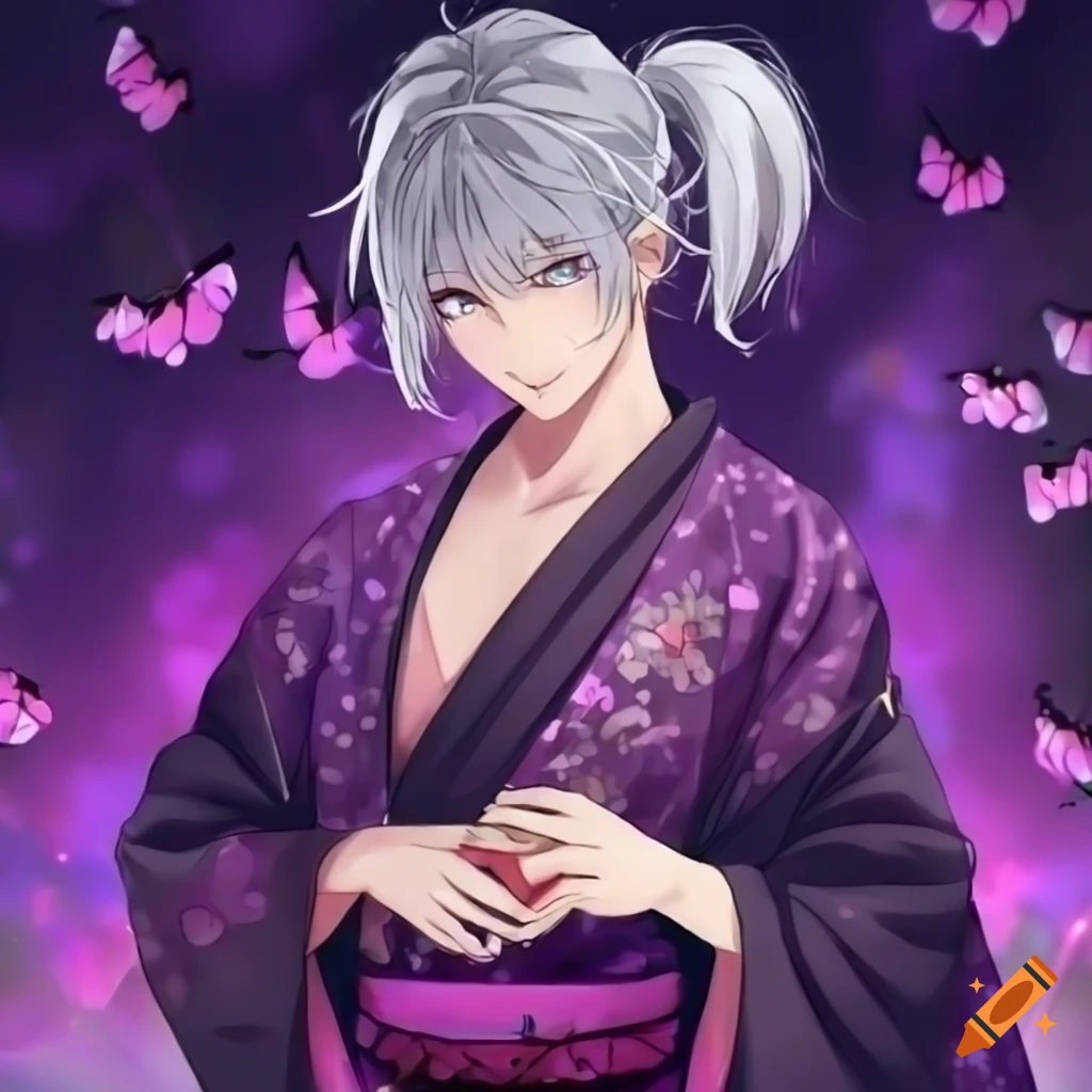 smiling anime man in silver ponytail and dark purple kimono