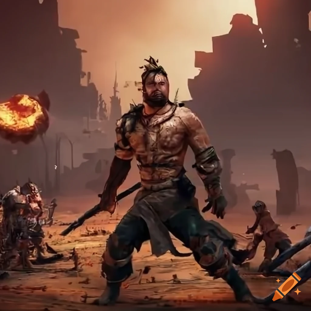 post-apocalyptic arena with battling male heroes