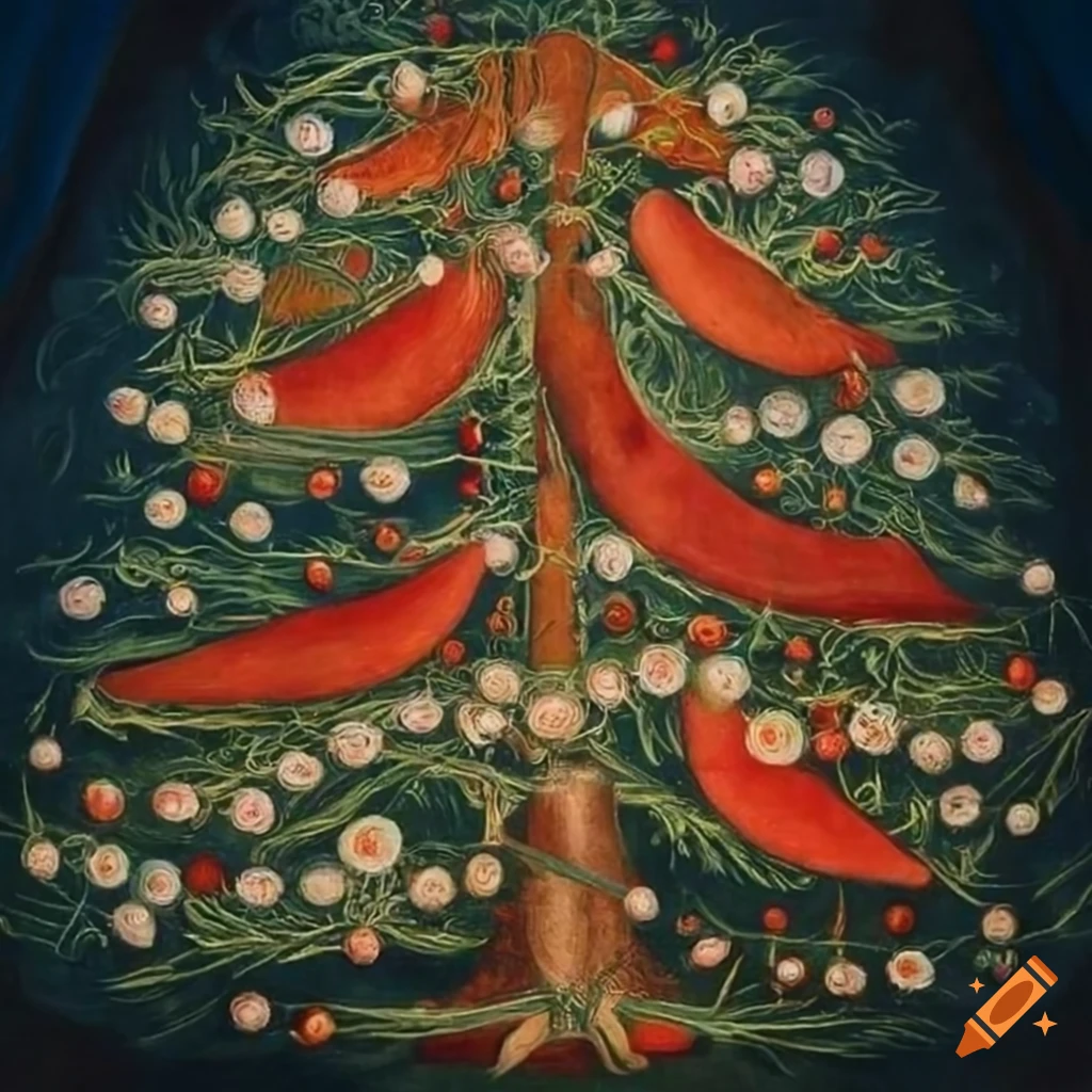 Serigraph Of A Christmas Tree With Flowers And Fruit On Craiyon