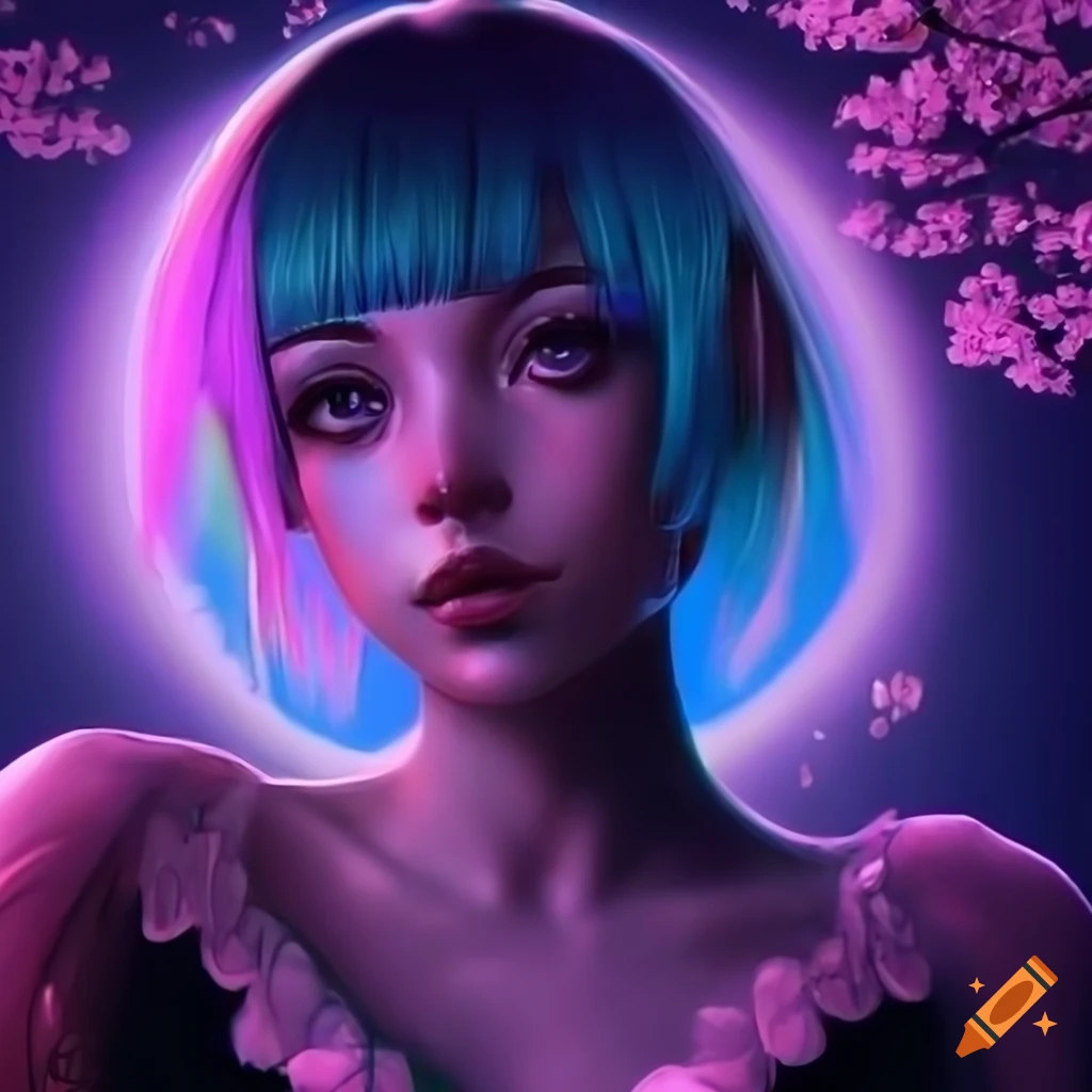 Realistic cyberpunk girl with colorful hair and black dress