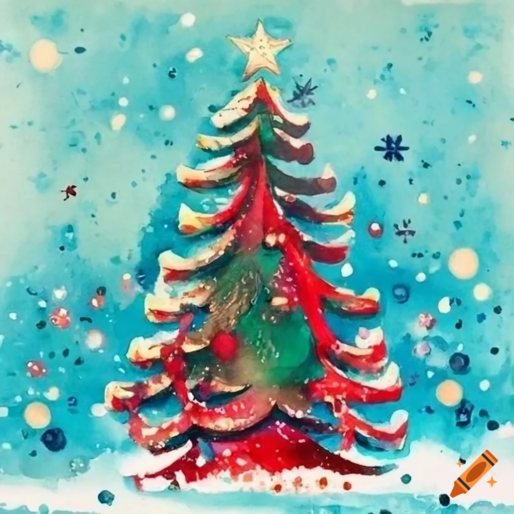 watercolor Christmas card with Soviet style Christmas Tree