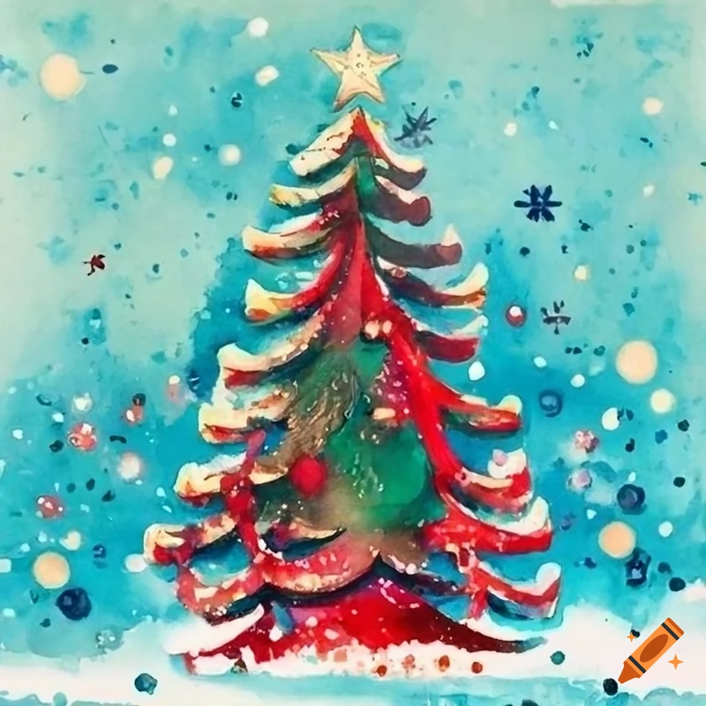 Watercolor Christmas Card With Soviet Style Christmas Tree