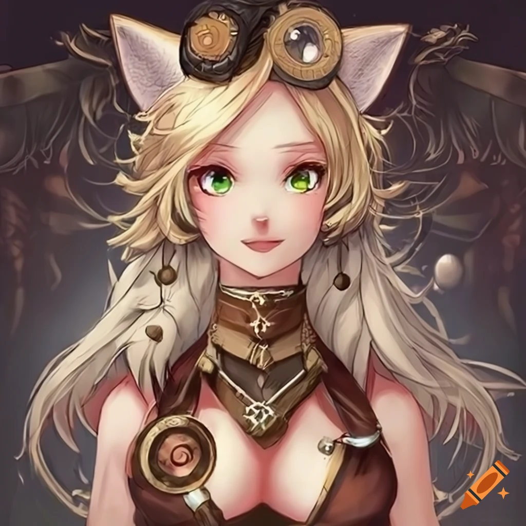 blonde steampunk anime fox girl illustration