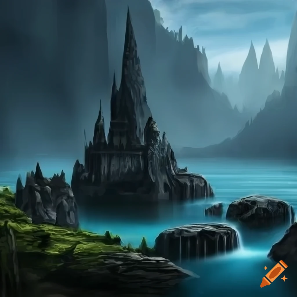 Fantasy palace in a canyon with lake and waterfall on Craiyon