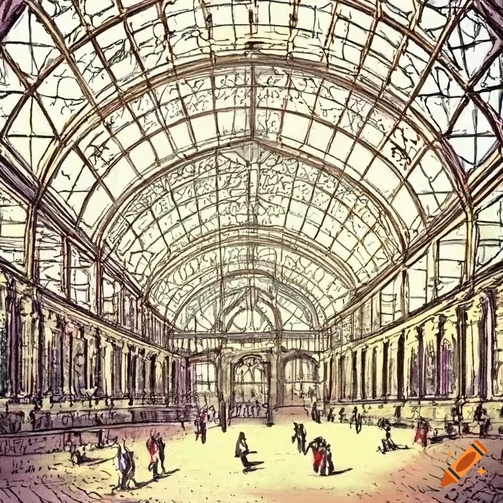 Drawing of the interior of crystal palace in london on Craiyon