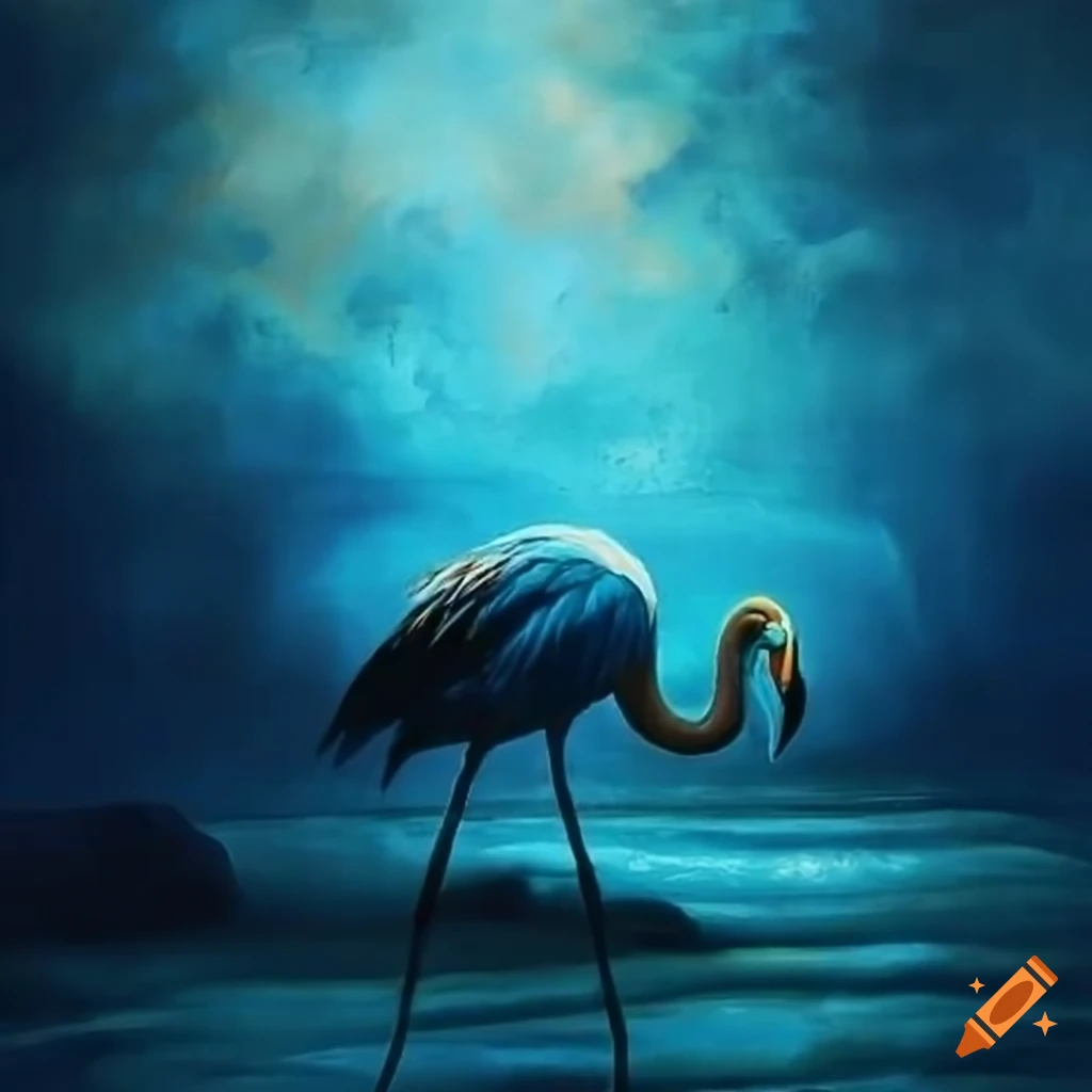 Painting of a blue flamingo with ocean backdrop on Craiyon