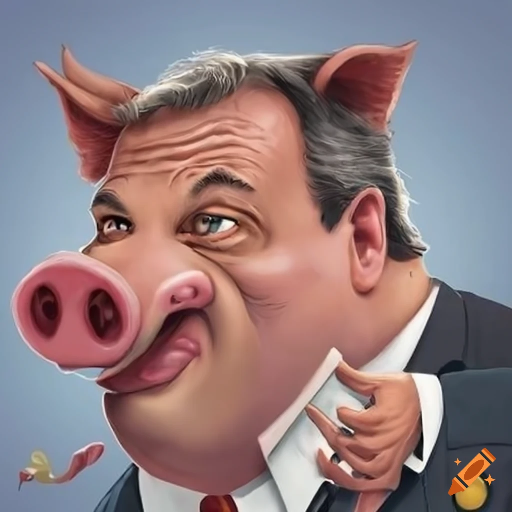 Satirical illustration of a pig portrayed as chris christie on Craiyon