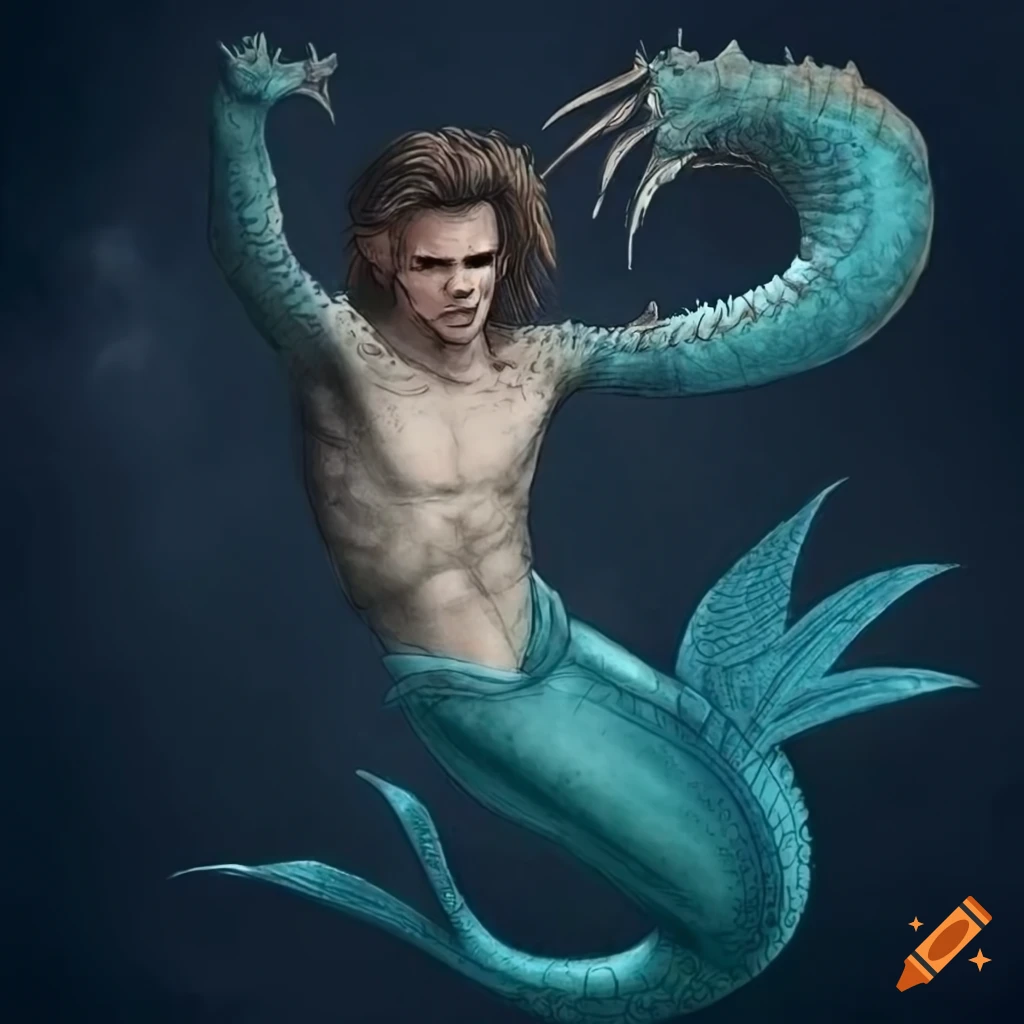 etching of a detailed merman in a black harness