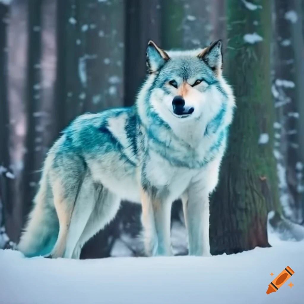fantasy artwork of an ice wolf in a snowy forest