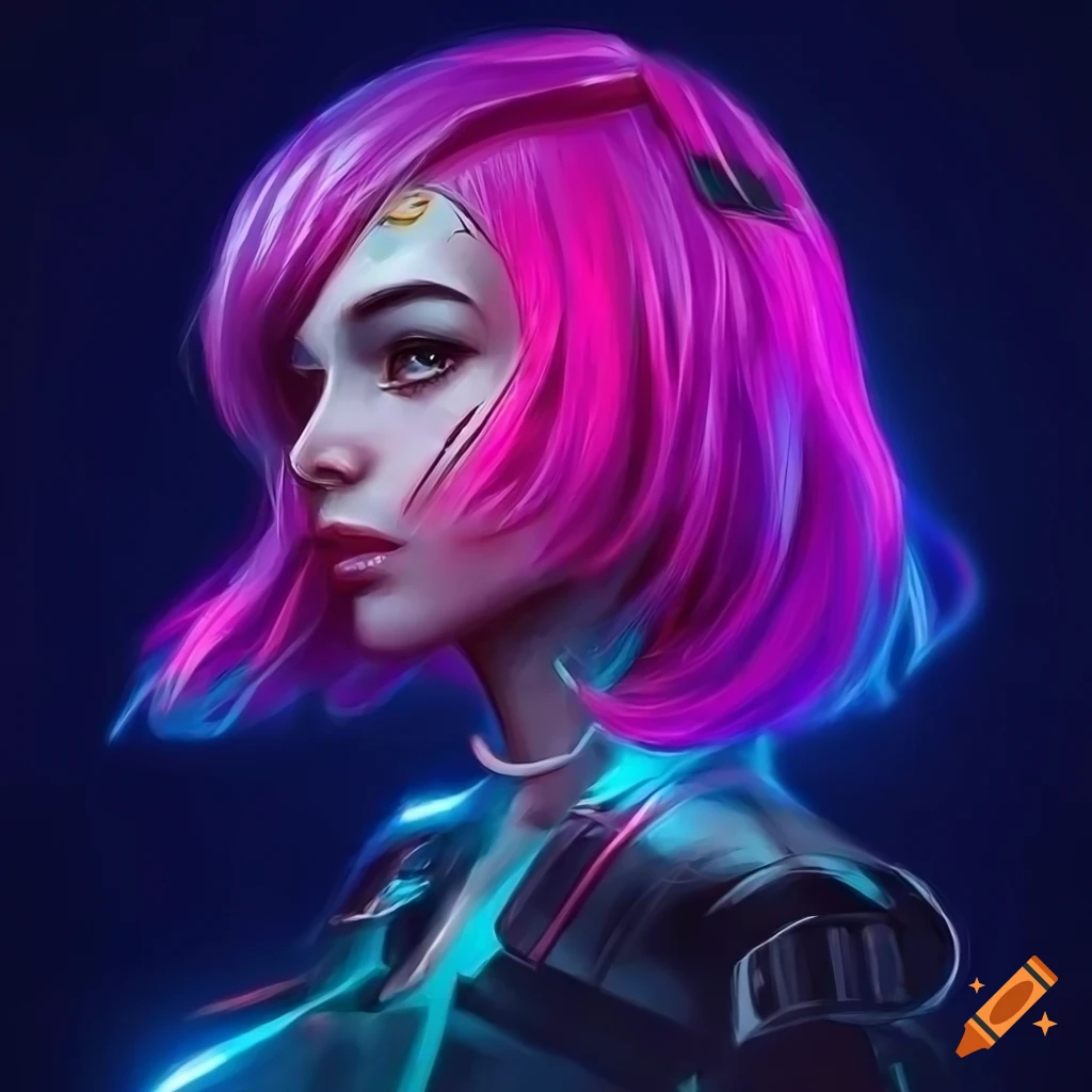 KREA - Portrait of cyberpunk woman, blue lipstick, fluorescent pink face  paint, bright green hair, metallic cyan bodysuit