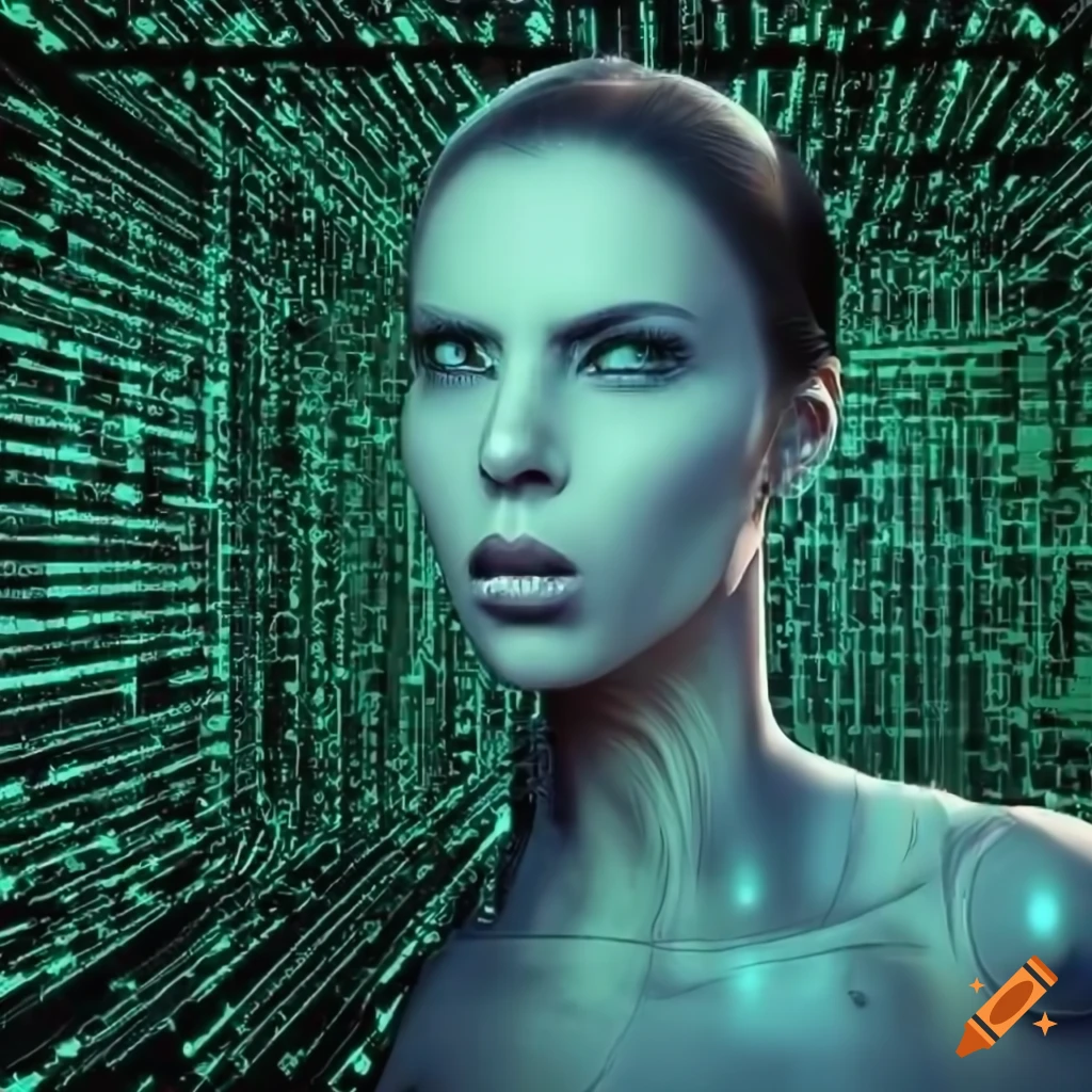 Illustration of an angry female computer ai face