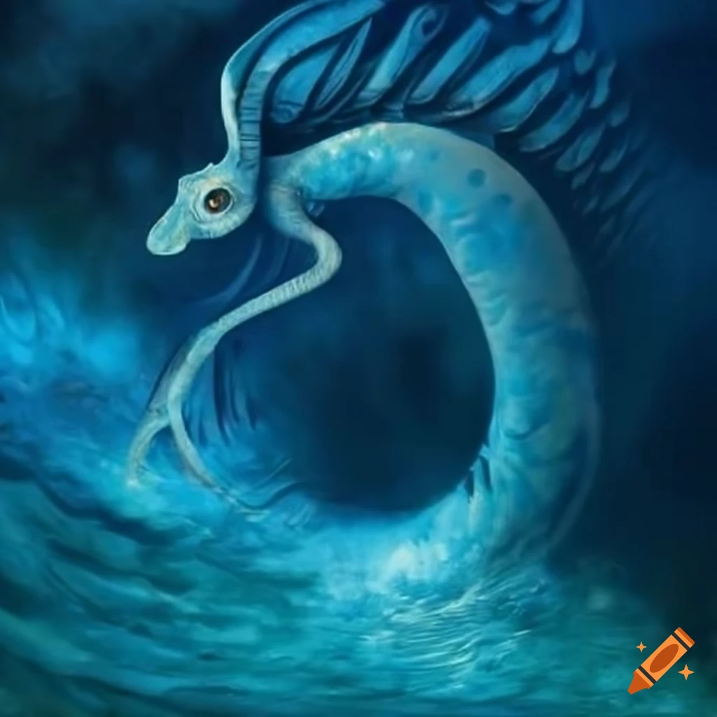 Abstract depiction of a blue mythical creature near the ocean