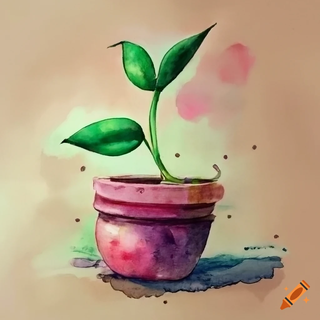 watercolor painting of a sprout in a flower pot
