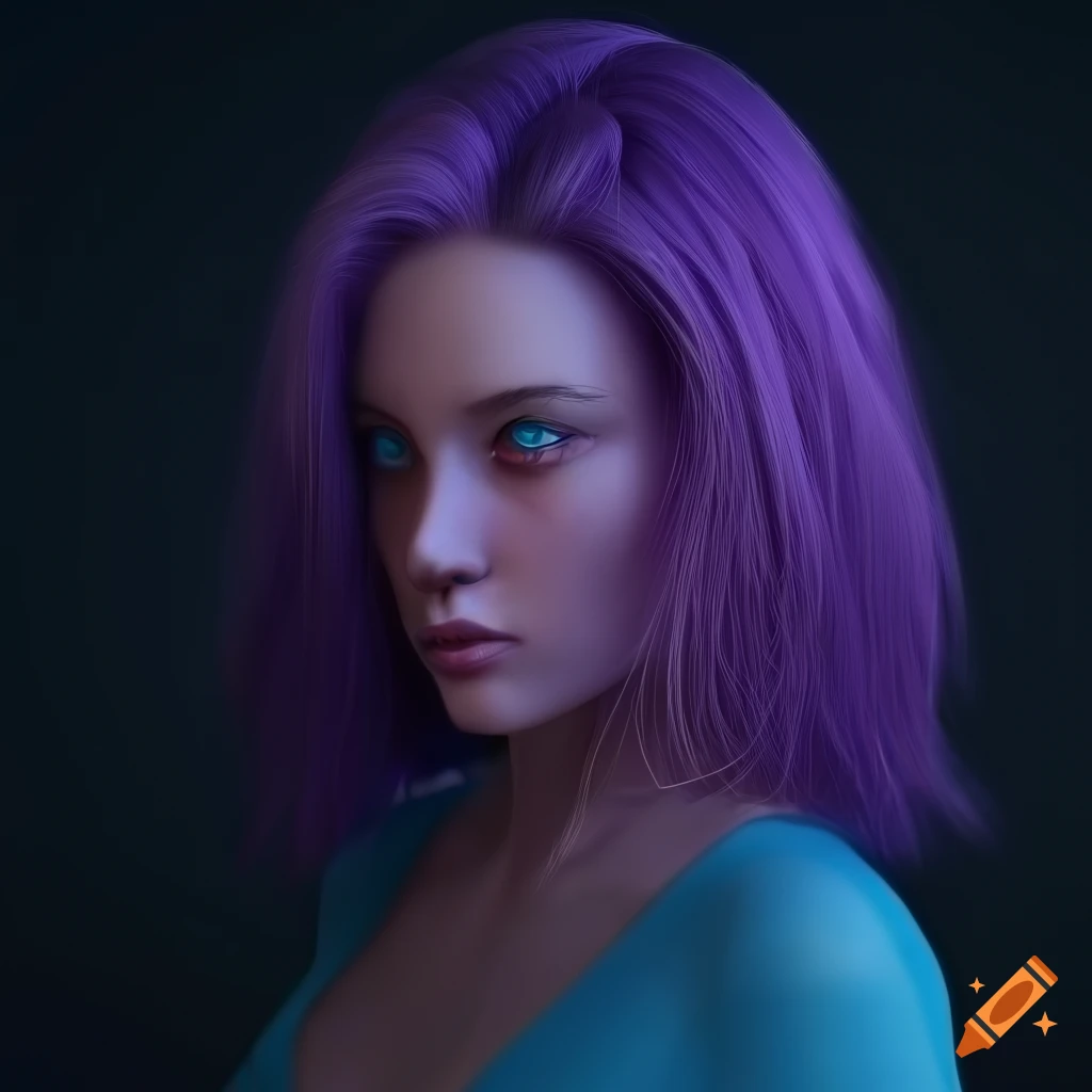 Portrait of a purple-haired woman with blue eyes