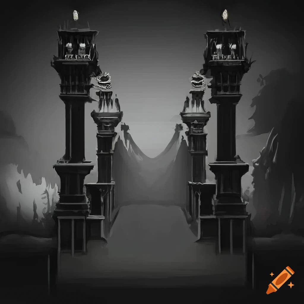 black and white concept art of a palace gate in a landscape