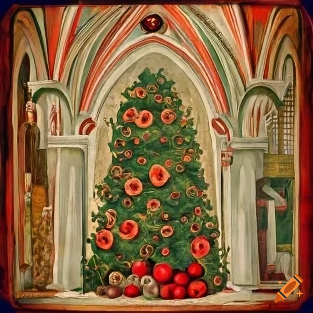 Serigraph Of A Christmas Tree Made Of Flowers And Fruits On Craiyon
