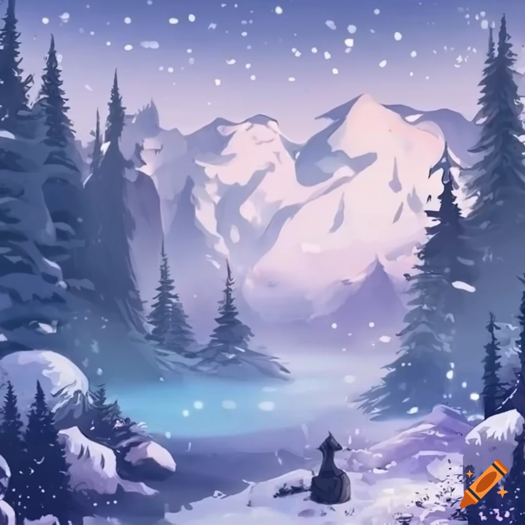 anime-style snowy woodland in the mountains