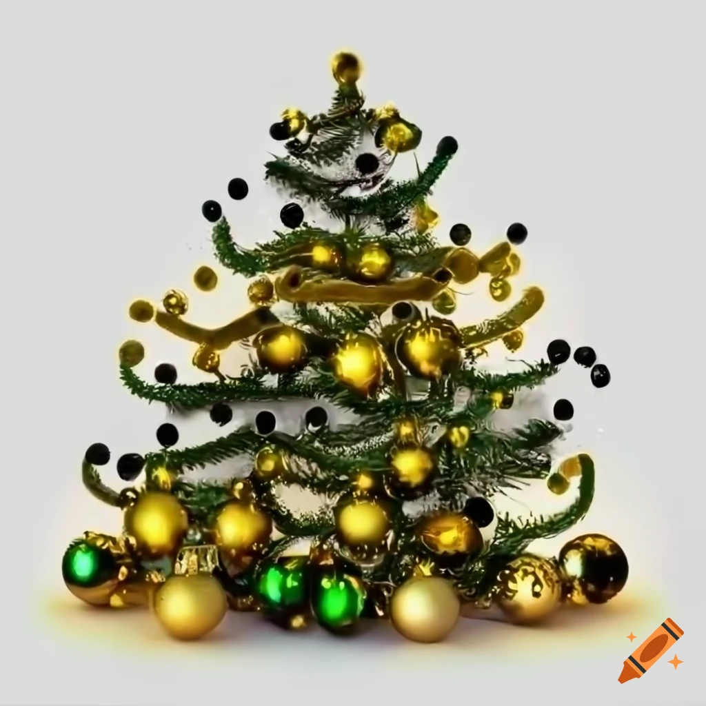Christmas tree with green and yellow ornaments on white background on