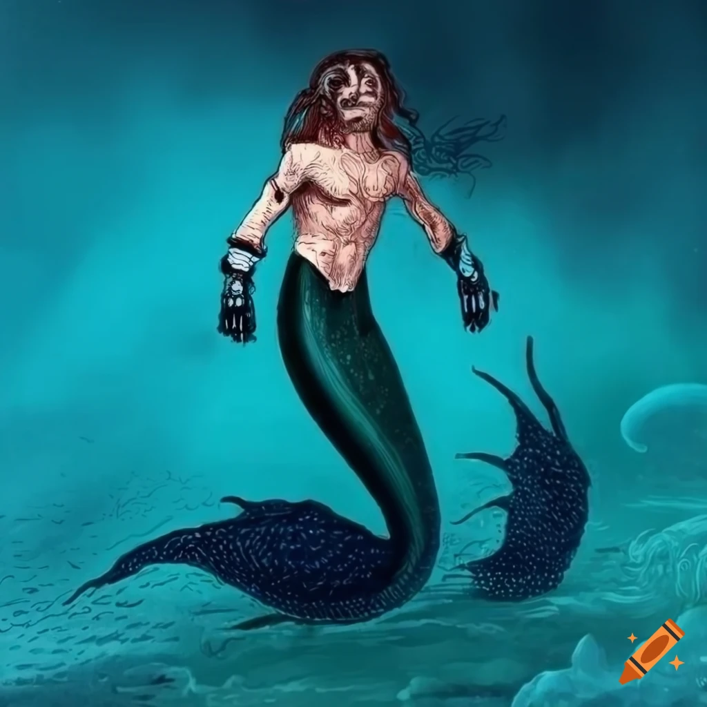 detailed etching of Steve Harrington as a gelatinous merman