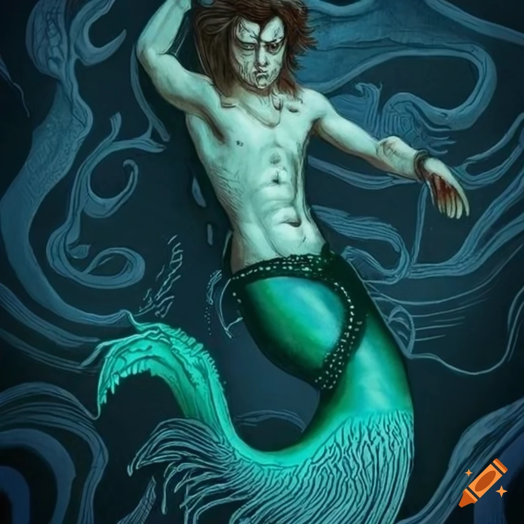 detailed etching of a merman wearing a black harness