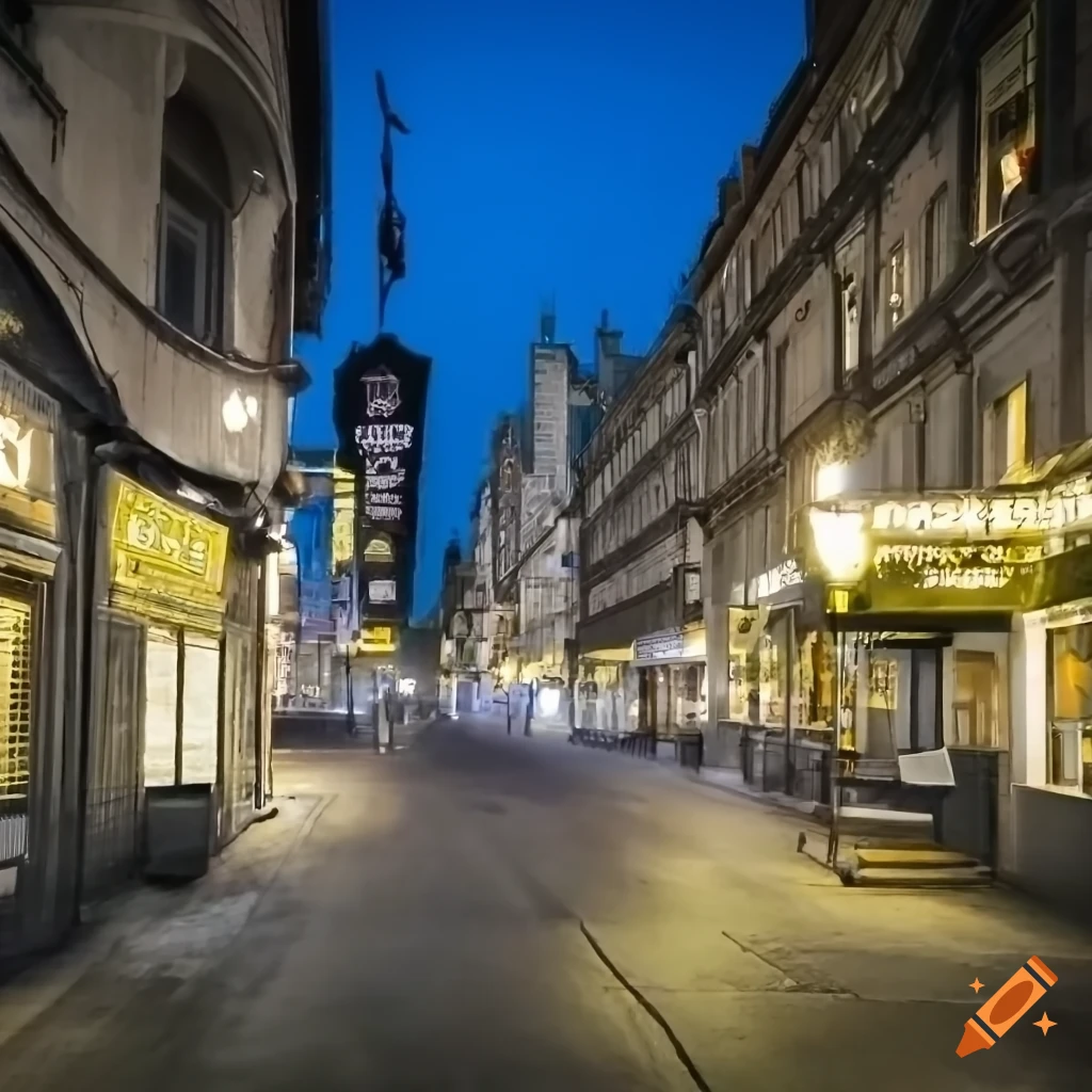 nighttime cityscape with a vibrant pub