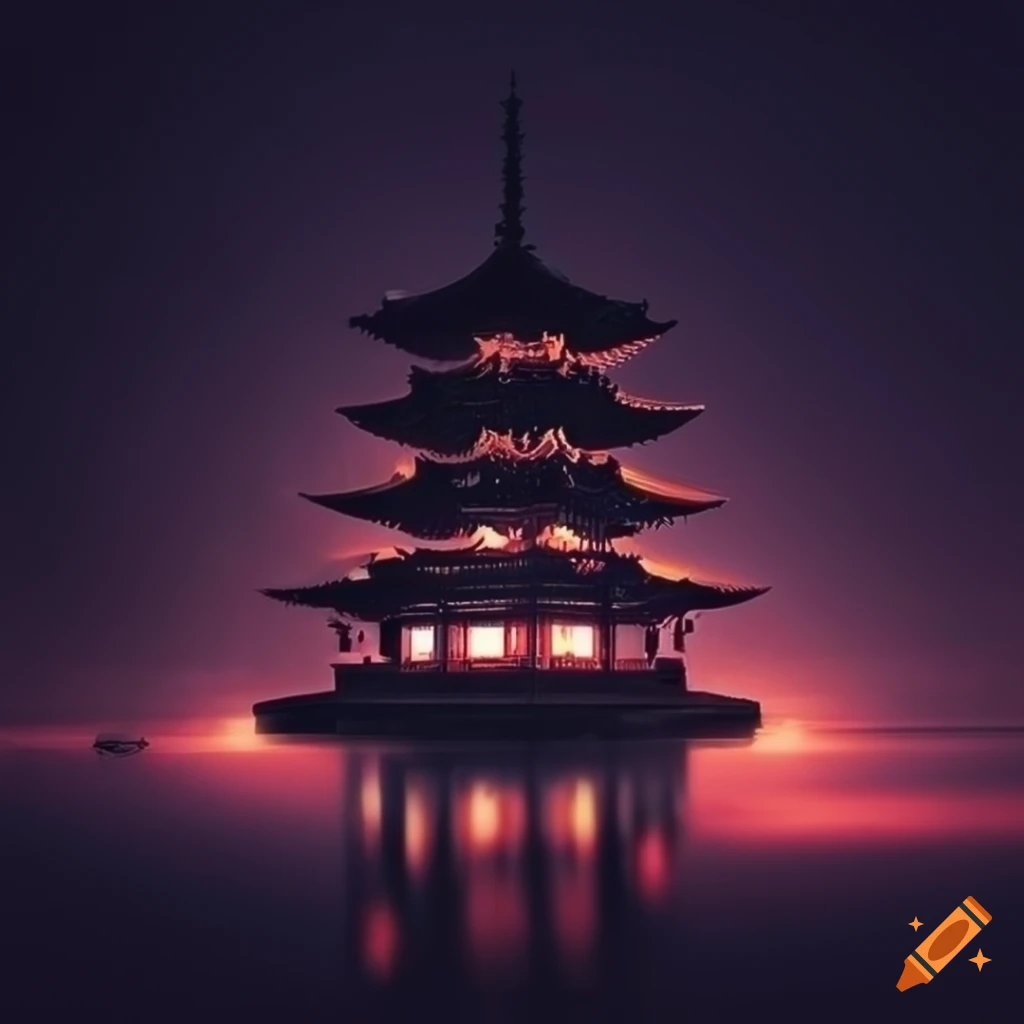 dark background with modern Japanese architecture and LED lights