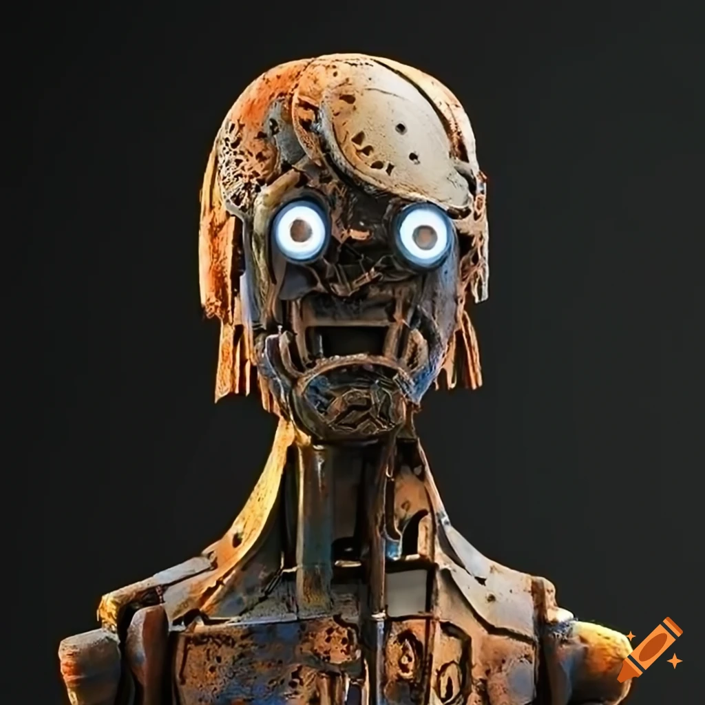 sculpted robot figures with colorful angular metal parts