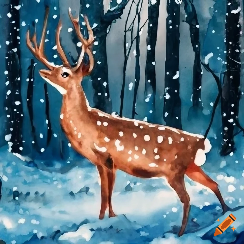 watercolor Christmas card with a deer in snowy forest