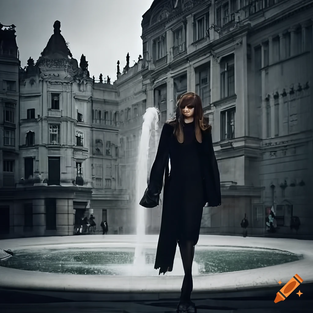 stylish woman in a black suit walking near a fountain