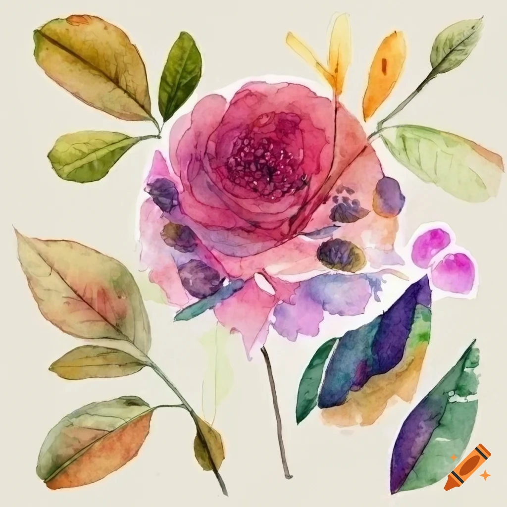 watercolor illustrations of plants, leaves, flowers, and fruit