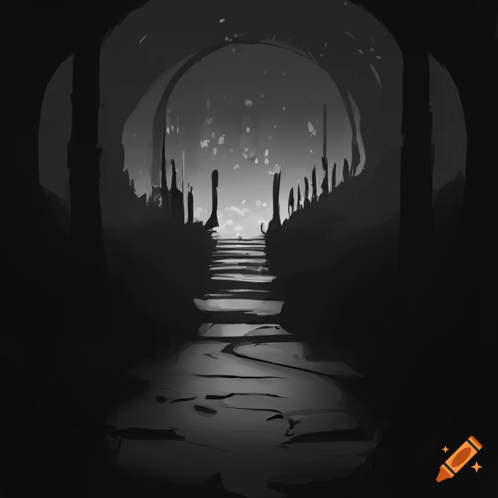 Black and white concept art of a landscape gate