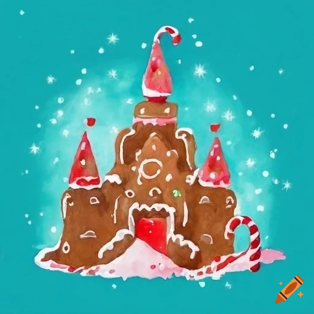 Watercolor christmas card with candy cane and gingerbread castle on Craiyon