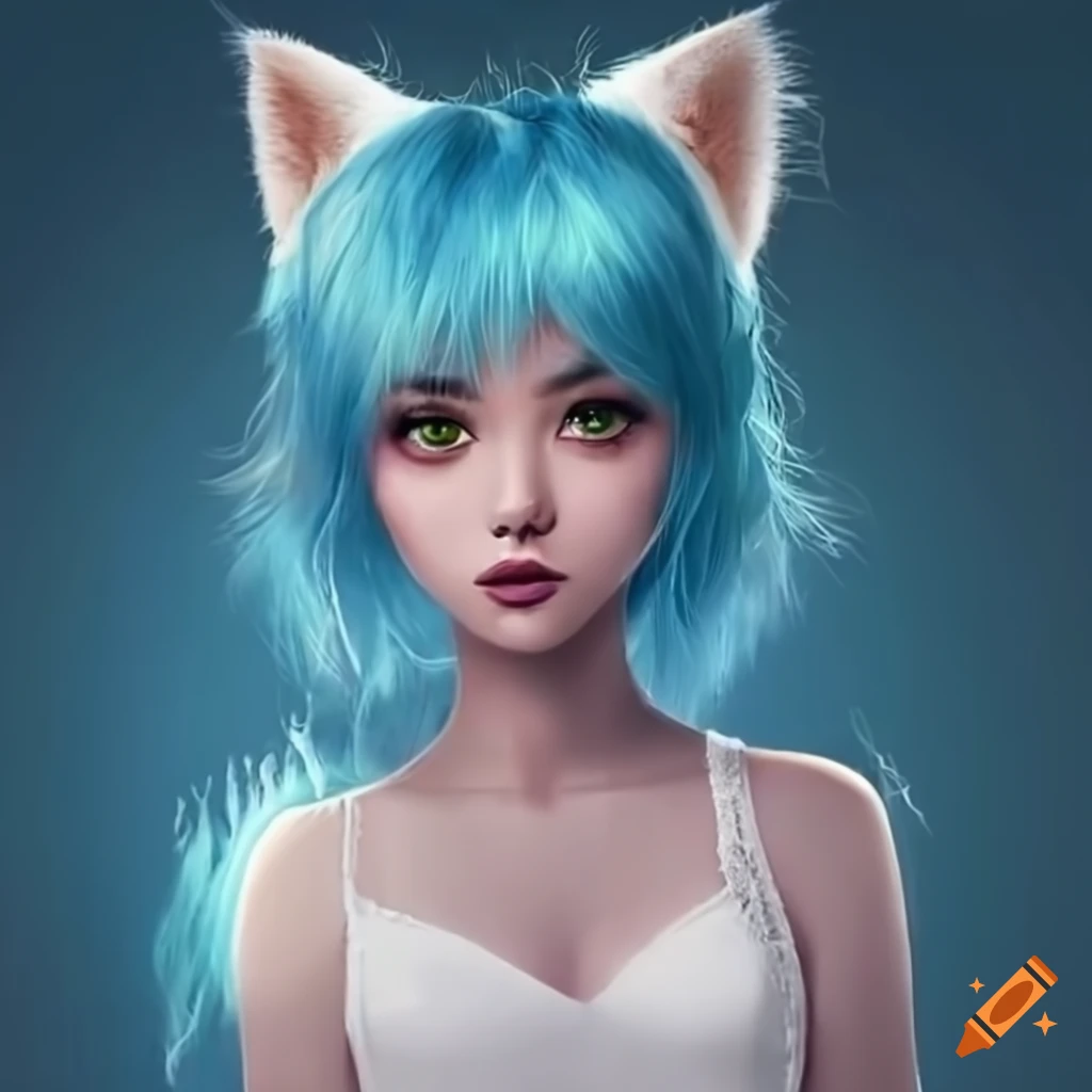 White anthropomorphic female fox girl with long hair and beautiful ...