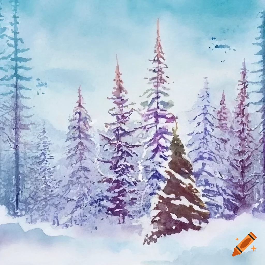 Watercolor christmas card with a winter forest