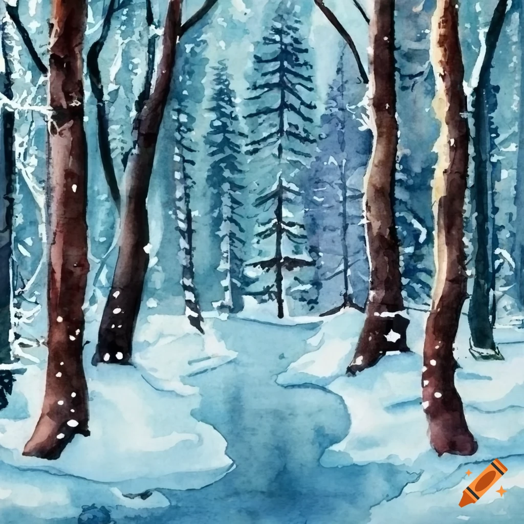 watercolor Christmas card with a Soviet style winter forest
