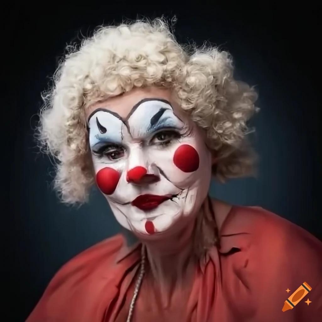 Portrait of an old female clown with white face makeup on Craiyon