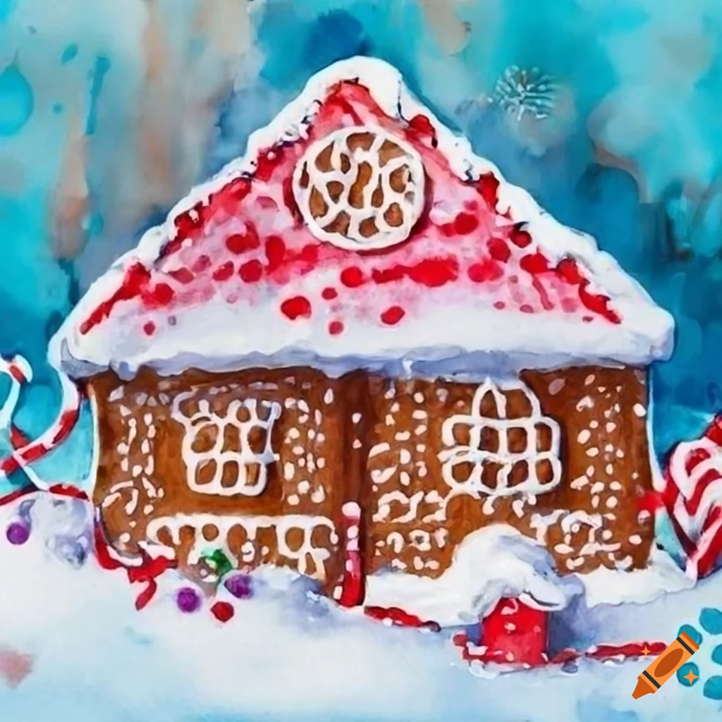 watercolor illustration of a Soviet-style gingerbread cottage